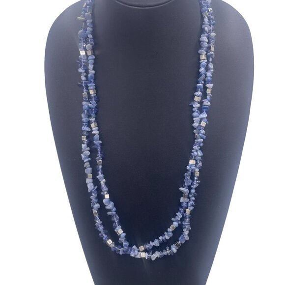 Kenneth Cole NY Blue Stone Chips Long Necklace Double Strand Layered 30-33 Inch - Picture 1 of 7